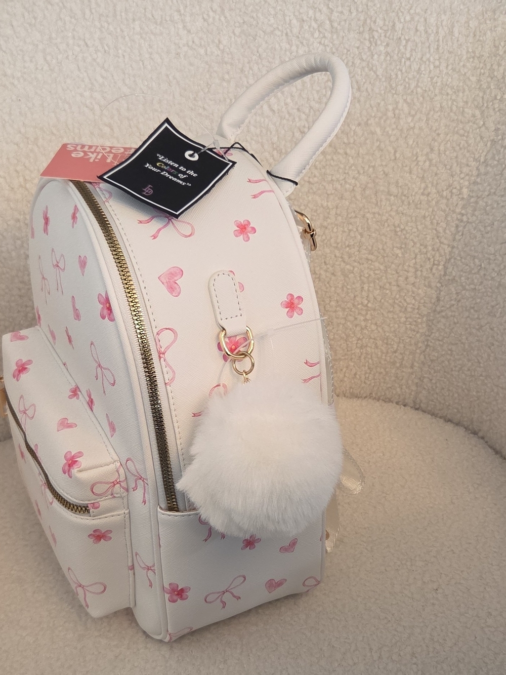 White & Pink Floral Mini Backpack with Pom Charm